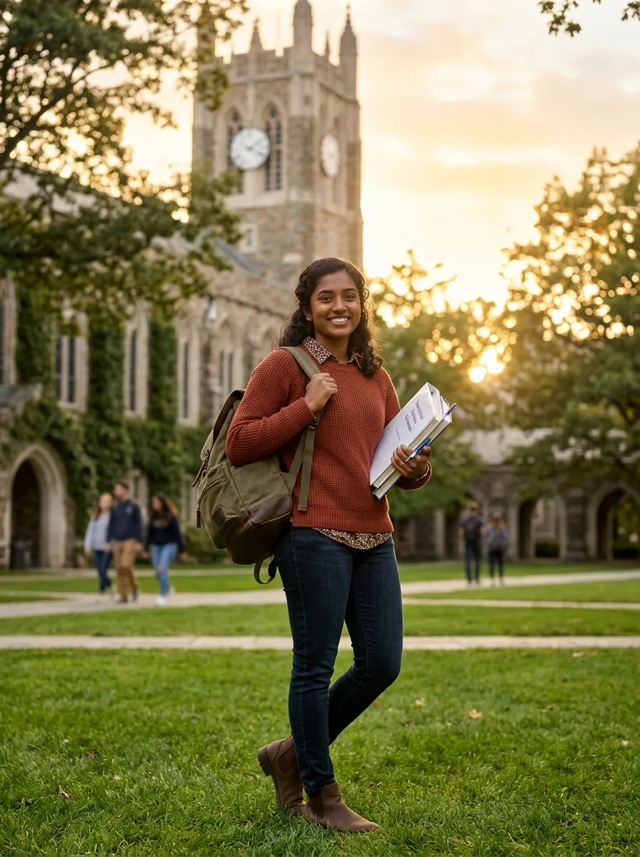 A smiling student with a backpack on a university lawn
